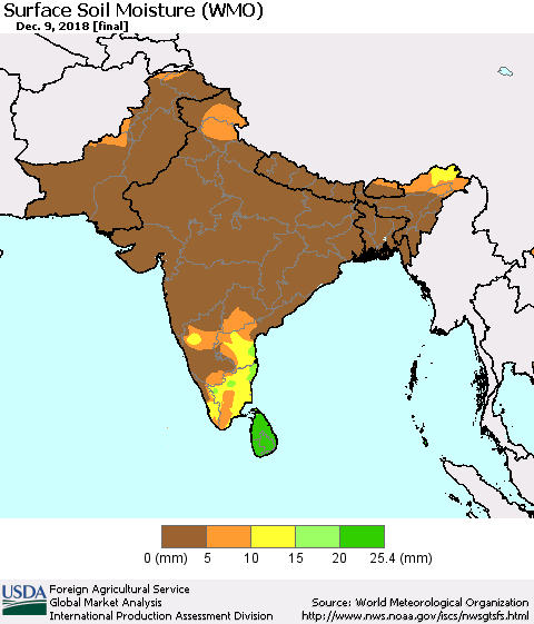 Southern Asia Surface Soil Moisture (WMO) Thematic Map For 12/3/2018 - 12/9/2018