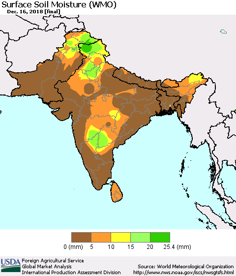 Southern Asia Surface Soil Moisture (WMO) Thematic Map For 12/10/2018 - 12/16/2018
