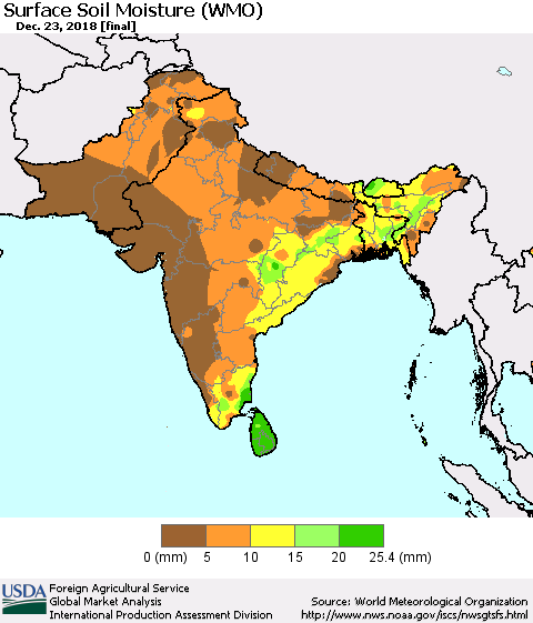 Southern Asia Surface Soil Moisture (WMO) Thematic Map For 12/17/2018 - 12/23/2018