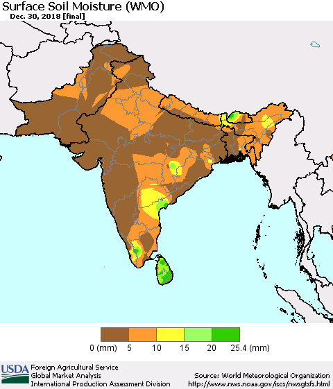 Southern Asia Surface Soil Moisture (WMO) Thematic Map For 12/24/2018 - 12/30/2018