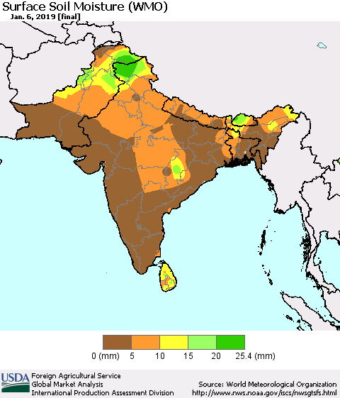 Southern Asia Surface Soil Moisture (WMO) Thematic Map For 12/31/2018 - 1/6/2019