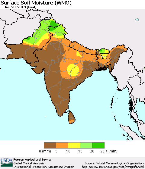 Southern Asia Surface Soil Moisture (WMO) Thematic Map For 1/14/2019 - 1/20/2019