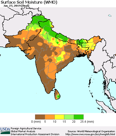 Southern Asia Surface Soil Moisture (WMO) Thematic Map For 1/21/2019 - 1/27/2019