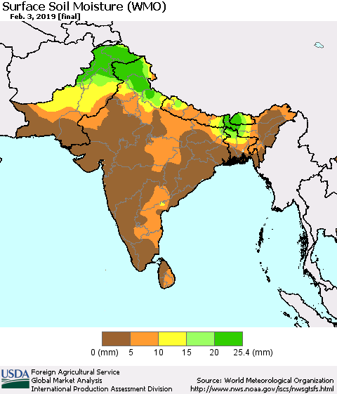 Southern Asia Surface Soil Moisture (WMO) Thematic Map For 1/28/2019 - 2/3/2019