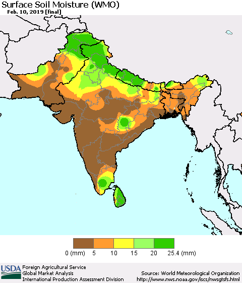 Southern Asia Surface Soil Moisture (WMO) Thematic Map For 2/4/2019 - 2/10/2019