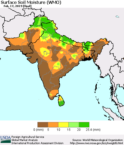 Southern Asia Surface Soil Moisture (WMO) Thematic Map For 2/11/2019 - 2/17/2019