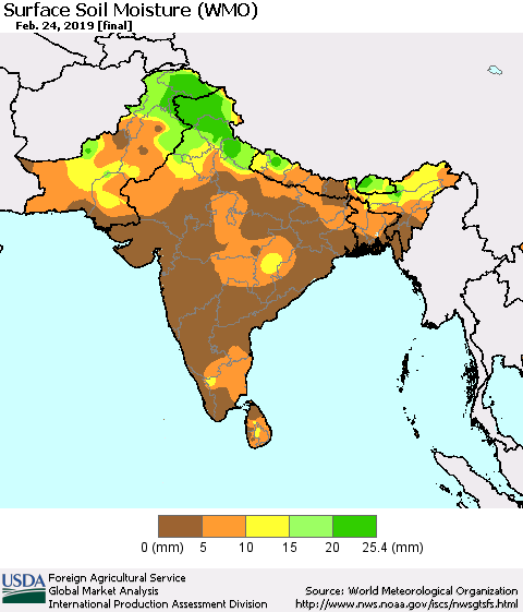 Southern Asia Surface Soil Moisture (WMO) Thematic Map For 2/18/2019 - 2/24/2019