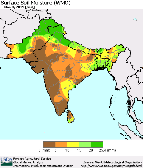 Southern Asia Surface Soil Moisture (WMO) Thematic Map For 2/25/2019 - 3/3/2019