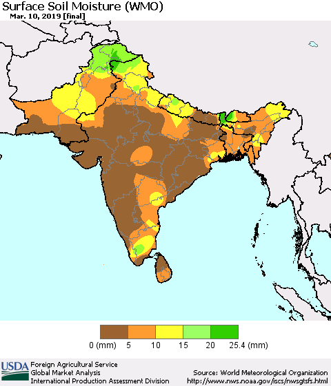 Southern Asia Surface Soil Moisture (WMO) Thematic Map For 3/4/2019 - 3/10/2019