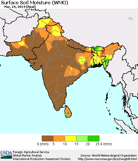 Southern Asia Surface Soil Moisture (WMO) Thematic Map For 3/18/2019 - 3/24/2019