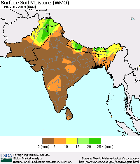Southern Asia Surface Soil Moisture (WMO) Thematic Map For 3/25/2019 - 3/31/2019