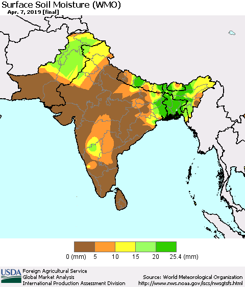 Southern Asia Surface Soil Moisture (WMO) Thematic Map For 4/1/2019 - 4/7/2019