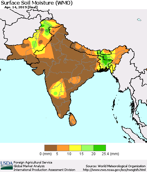 Southern Asia Surface Soil Moisture (WMO) Thematic Map For 4/8/2019 - 4/14/2019