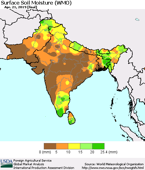 Southern Asia Surface Soil Moisture (WMO) Thematic Map For 4/15/2019 - 4/21/2019