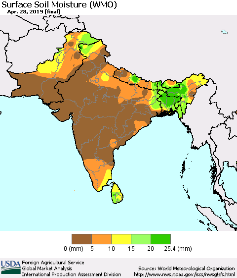 Southern Asia Surface Soil Moisture (WMO) Thematic Map For 4/22/2019 - 4/28/2019
