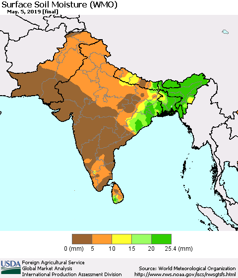 Southern Asia Surface Soil Moisture (WMO) Thematic Map For 4/29/2019 - 5/5/2019