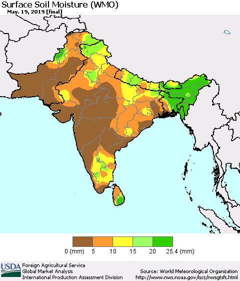 Southern Asia Surface Soil Moisture (WMO) Thematic Map For 5/13/2019 - 5/19/2019