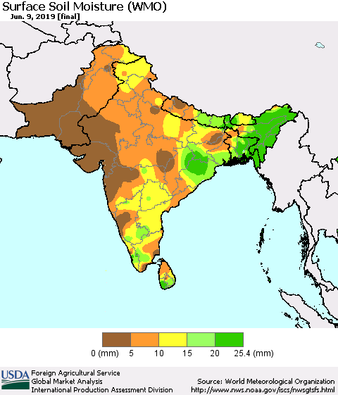 Southern Asia Surface Soil Moisture (WMO) Thematic Map For 6/3/2019 - 6/9/2019