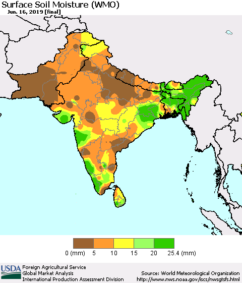 Southern Asia Surface Soil Moisture (WMO) Thematic Map For 6/10/2019 - 6/16/2019