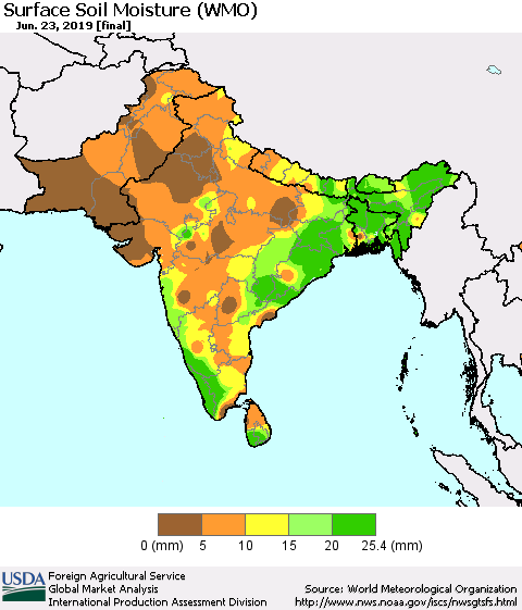 Southern Asia Surface Soil Moisture (WMO) Thematic Map For 6/17/2019 - 6/23/2019