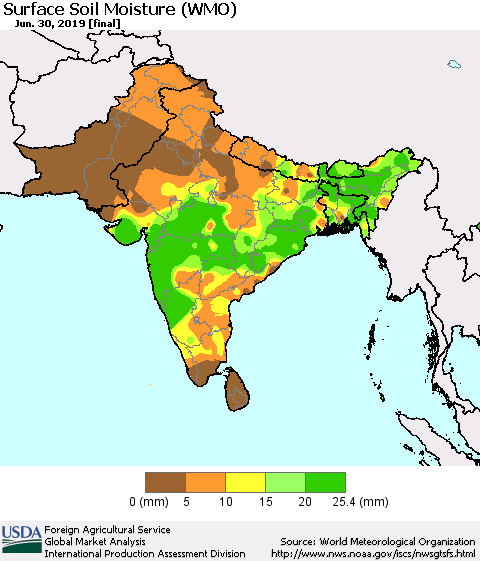 Southern Asia Surface Soil Moisture (WMO) Thematic Map For 6/24/2019 - 6/30/2019