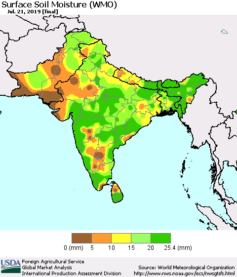 Southern Asia Surface Soil Moisture (WMO) Thematic Map For 7/15/2019 - 7/21/2019
