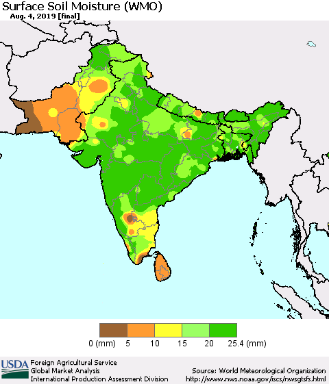 Southern Asia Surface Soil Moisture (WMO) Thematic Map For 7/29/2019 - 8/4/2019