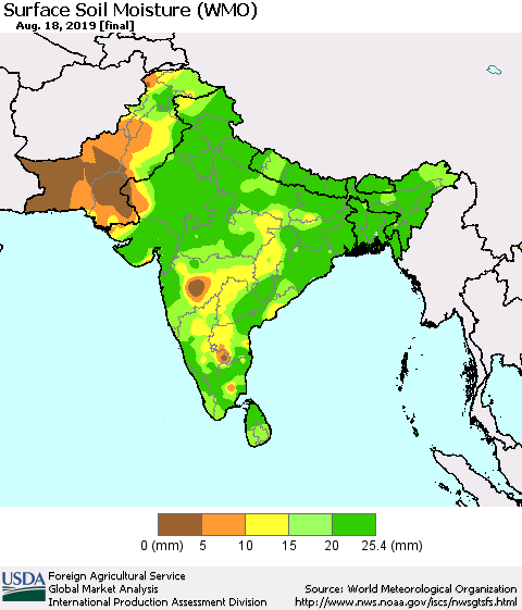 Southern Asia Surface Soil Moisture (WMO) Thematic Map For 8/12/2019 - 8/18/2019