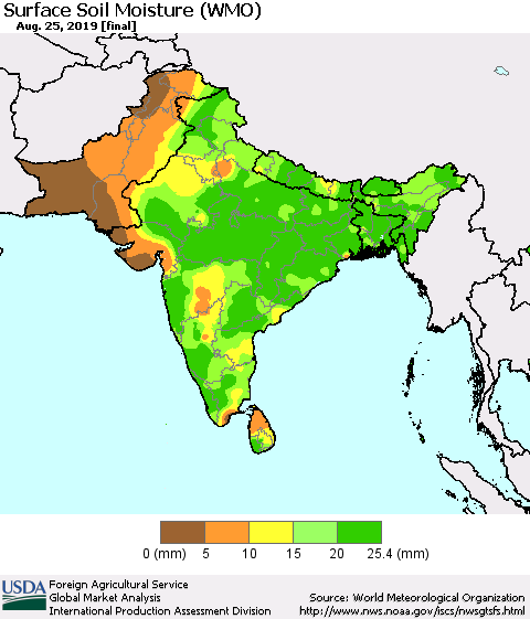 Southern Asia Surface Soil Moisture (WMO) Thematic Map For 8/19/2019 - 8/25/2019