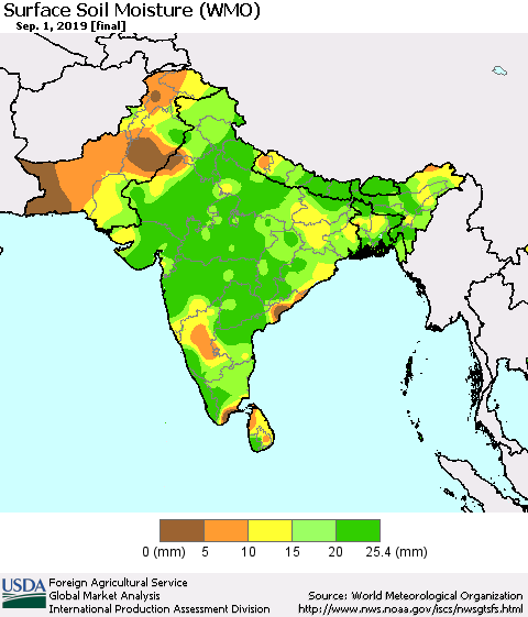 Southern Asia Surface Soil Moisture (WMO) Thematic Map For 8/26/2019 - 9/1/2019