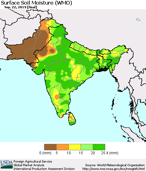 Southern Asia Surface Soil Moisture (WMO) Thematic Map For 9/16/2019 - 9/22/2019