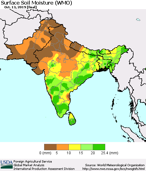 Southern Asia Surface Soil Moisture (WMO) Thematic Map For 10/7/2019 - 10/13/2019