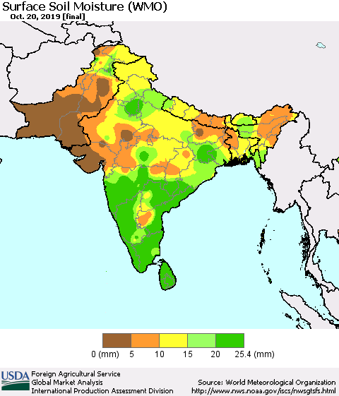 Southern Asia Surface Soil Moisture (WMO) Thematic Map For 10/14/2019 - 10/20/2019