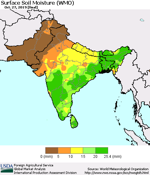 Southern Asia Surface Soil Moisture (WMO) Thematic Map For 10/21/2019 - 10/27/2019