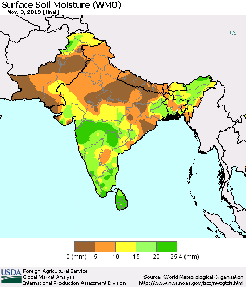 Southern Asia Surface Soil Moisture (WMO) Thematic Map For 10/28/2019 - 11/3/2019