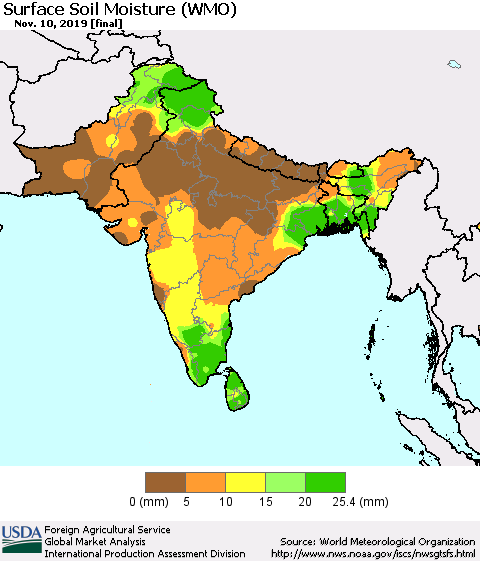 Southern Asia Surface Soil Moisture (WMO) Thematic Map For 11/4/2019 - 11/10/2019