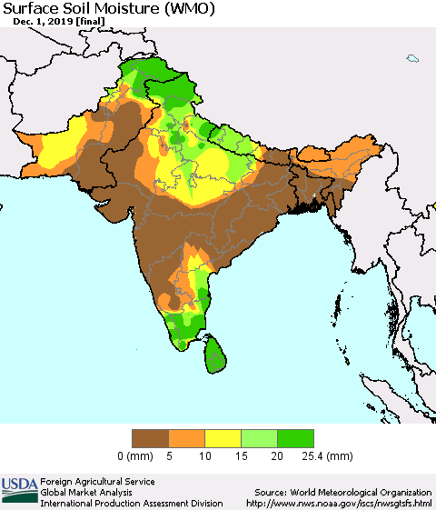 Southern Asia Surface Soil Moisture (WMO) Thematic Map For 11/25/2019 - 12/1/2019