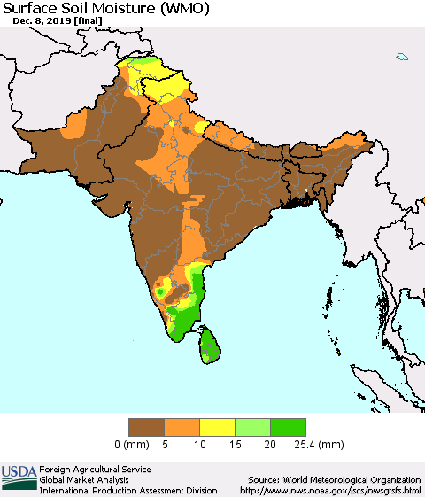 Southern Asia Surface Soil Moisture (WMO) Thematic Map For 12/2/2019 - 12/8/2019