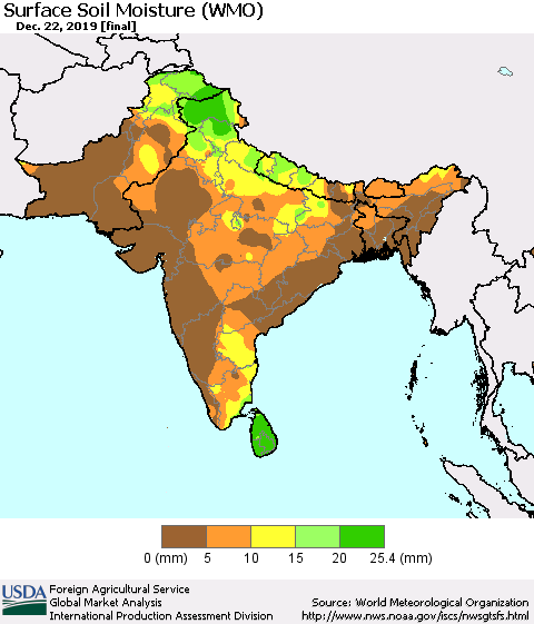 Southern Asia Surface Soil Moisture (WMO) Thematic Map For 12/16/2019 - 12/22/2019
