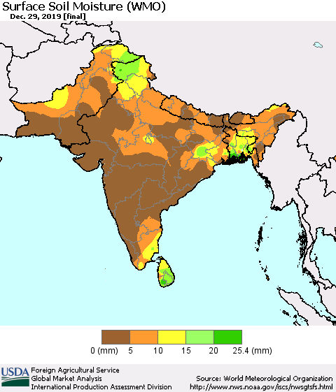 Southern Asia Surface Soil Moisture (WMO) Thematic Map For 12/23/2019 - 12/29/2019