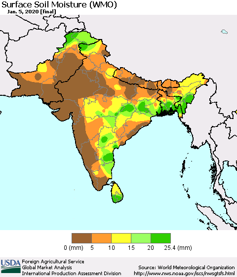 Southern Asia Surface Soil Moisture (WMO) Thematic Map For 12/30/2019 - 1/5/2020