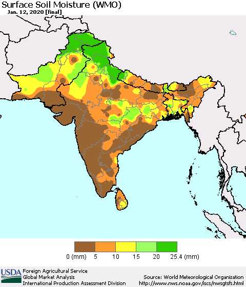 Southern Asia Surface Soil Moisture (WMO) Thematic Map For 1/6/2020 - 1/12/2020