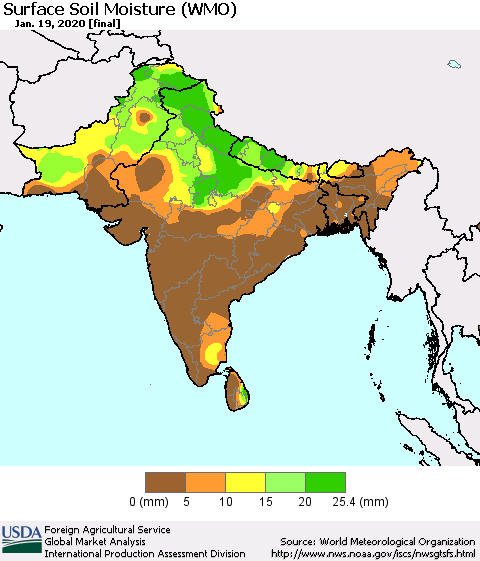 Southern Asia Surface Soil Moisture (WMO) Thematic Map For 1/13/2020 - 1/19/2020