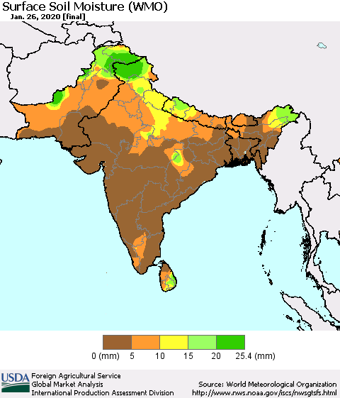 Southern Asia Surface Soil Moisture (WMO) Thematic Map For 1/20/2020 - 1/26/2020