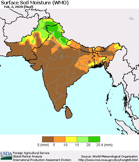 Southern Asia Surface Soil Moisture (WMO) Thematic Map For 1/27/2020 - 2/2/2020