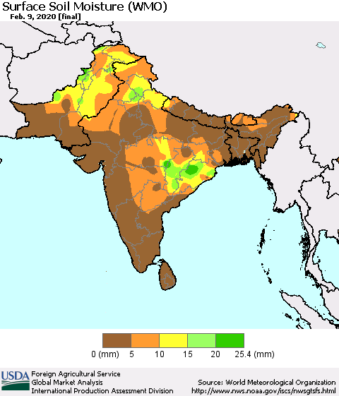 Southern Asia Surface Soil Moisture (WMO) Thematic Map For 2/3/2020 - 2/9/2020