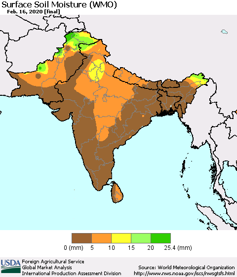 Southern Asia Surface Soil Moisture (WMO) Thematic Map For 2/10/2020 - 2/16/2020