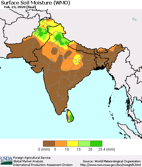 Southern Asia Surface Soil Moisture (WMO) Thematic Map For 2/17/2020 - 2/23/2020