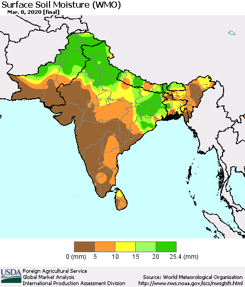 Southern Asia Surface Soil Moisture (WMO) Thematic Map For 3/2/2020 - 3/8/2020