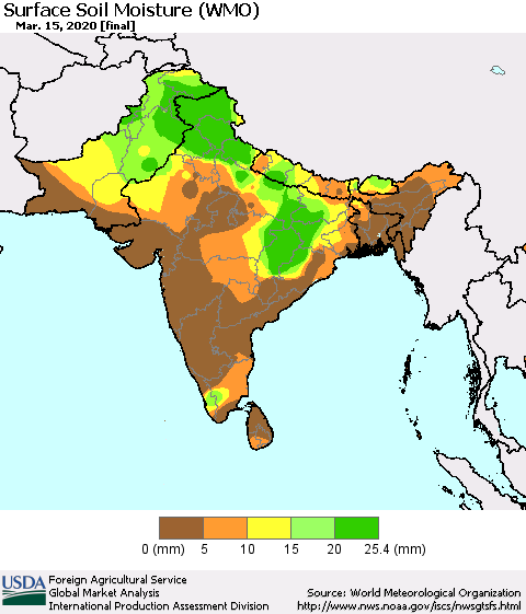 Southern Asia Surface Soil Moisture (WMO) Thematic Map For 3/9/2020 - 3/15/2020